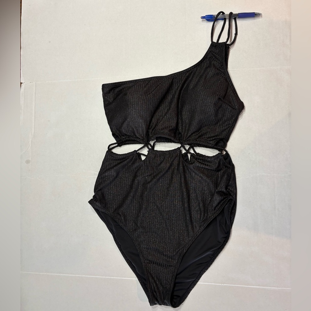 ENVYA swimwear one piece black shimmer sparkle, size large, one shoulder, used